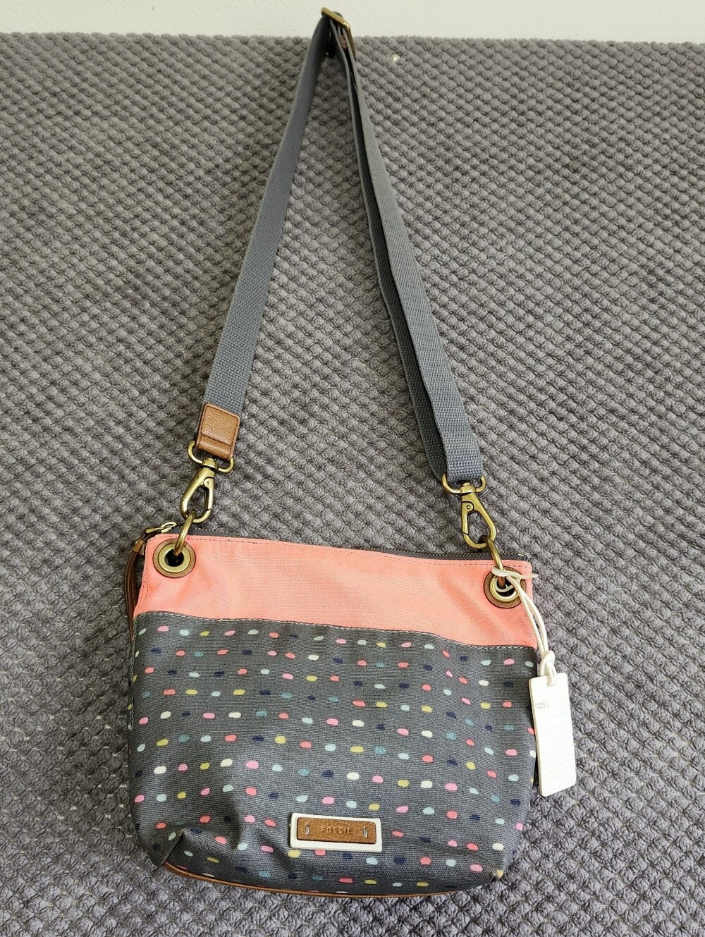 Fossil Gray Multi-Spot Crossbody Bag with Coral Accent